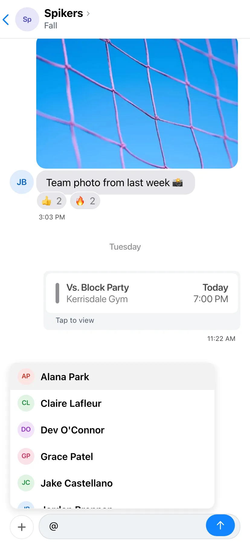 Spikers team chat with "@" typed in the message box and the mention picker open, listing team members such as Alana Park, Claire Lafleur, Dev O'Connor, Grace Patel and Jake Castellano.