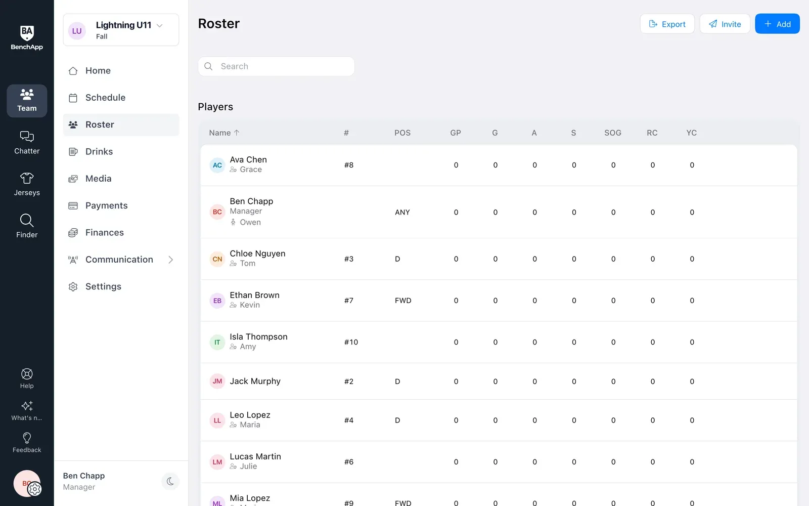BenchApp on a computer: a youth soccer roster with each child's parent shown under their name