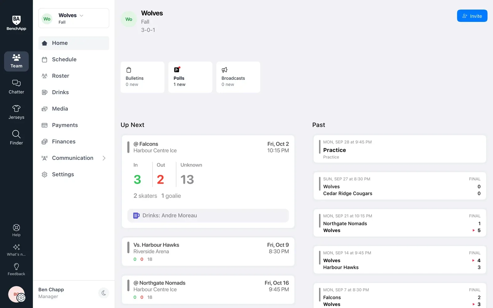 BenchApp on a computer: the next game on the team Home page, showing who's on drinks