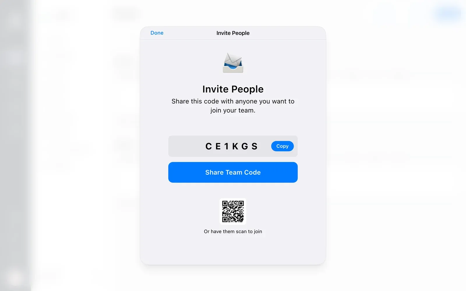 BenchApp on a computer: Invite People with the team code, a share button and a QR code