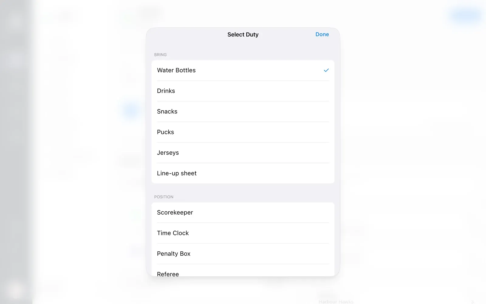 BenchApp on a computer: a list of duties to bring and positions to fill