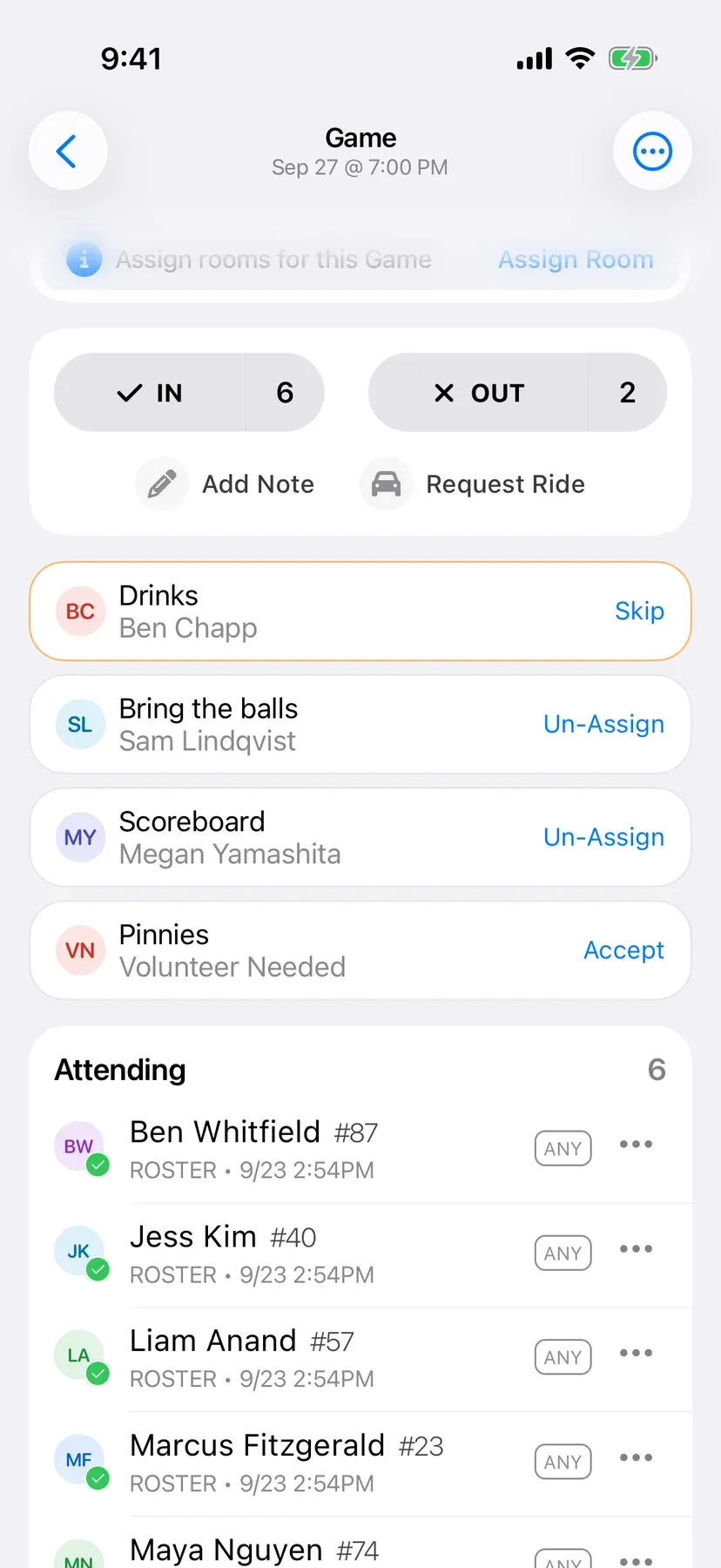 BenchApp duties screen with team jobs assigned to players