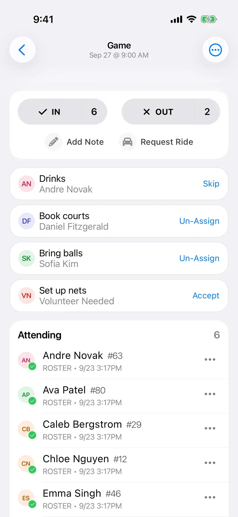 BenchApp duties screen with team jobs assigned to players