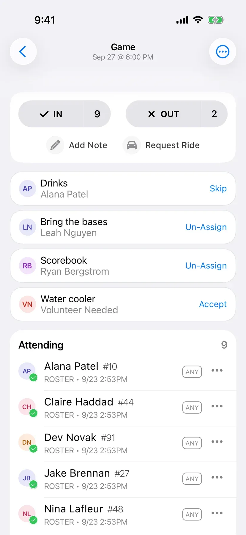 BenchApp duties screen with team jobs assigned to players