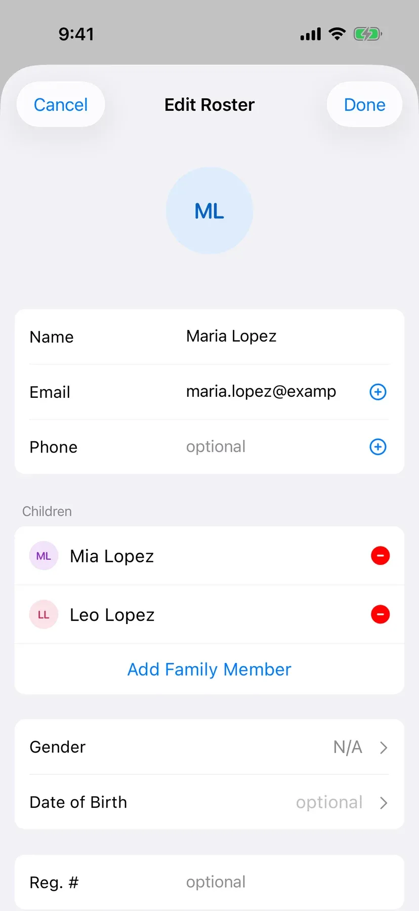 BenchApp on a phone: a parent with their own email and their two children
