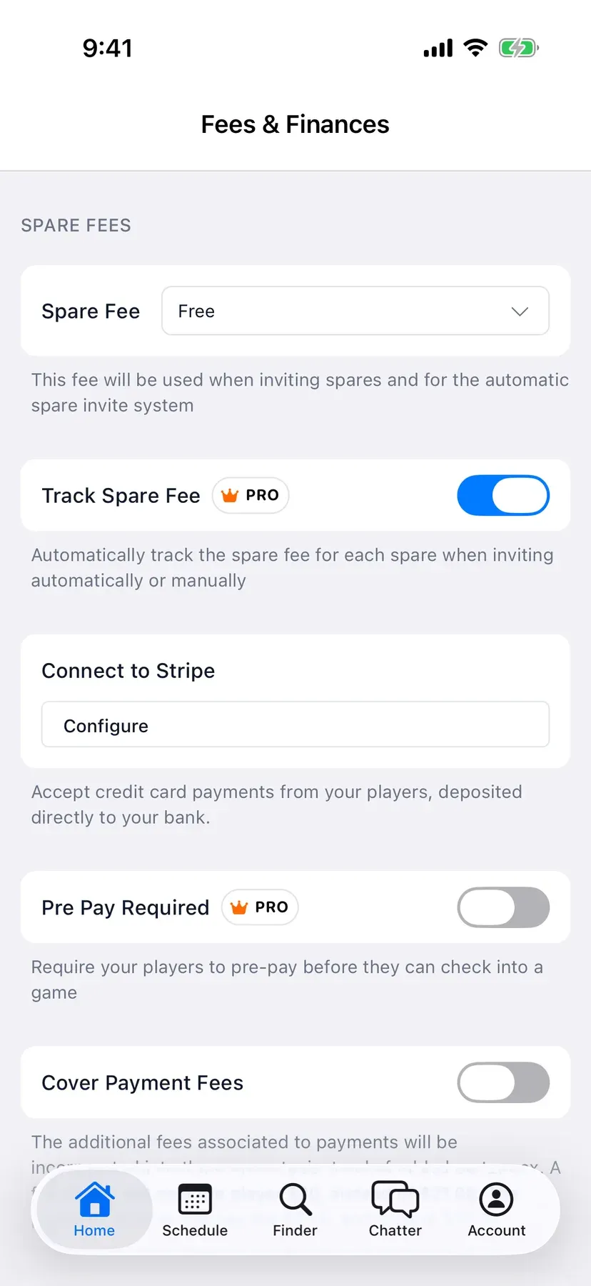 BenchApp on a phone: Fees & Finances settings with Connect to Stripe