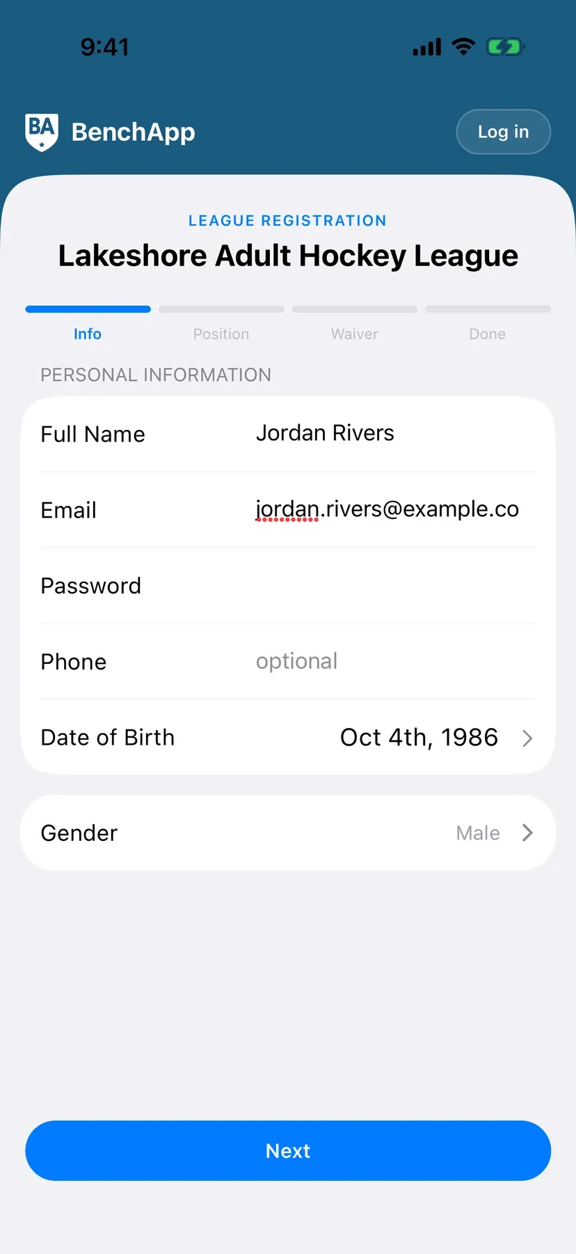 BenchApp on a phone: a player entering their details to register