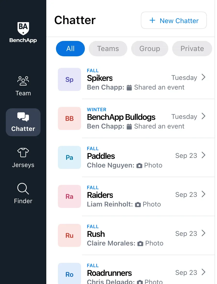 The Chatter list with All, Teams, Group and Private tabs